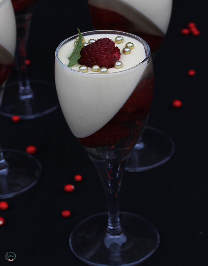 WHITE CHOCOLATE MOUSSE WITH CAVA AND RASPBERRIES