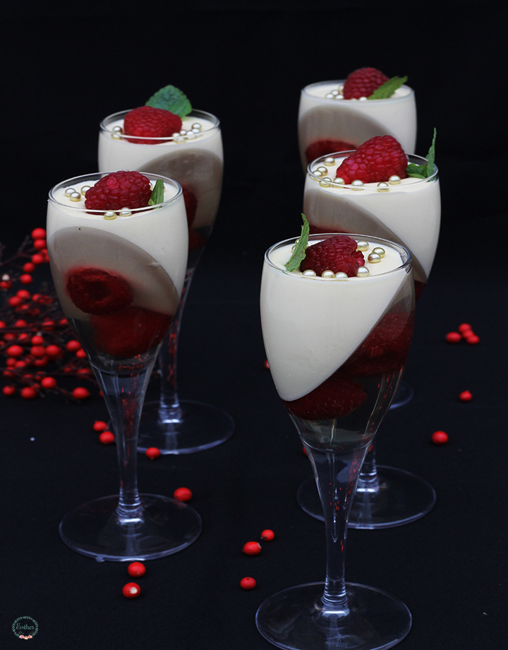 WHITE CHOCOLATE MOUSSE WITH CAVA AND RASPBERRIES